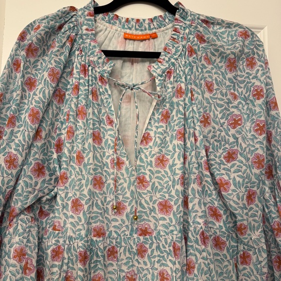 Oliphant Block Print Tiered Mini Dress Tunic Floral Blue Pink XL - Picture 4 of 6